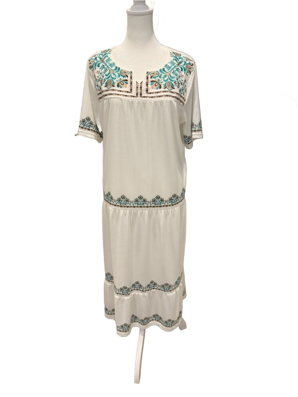 Embroidered Boho White and Teal Dress. Medium